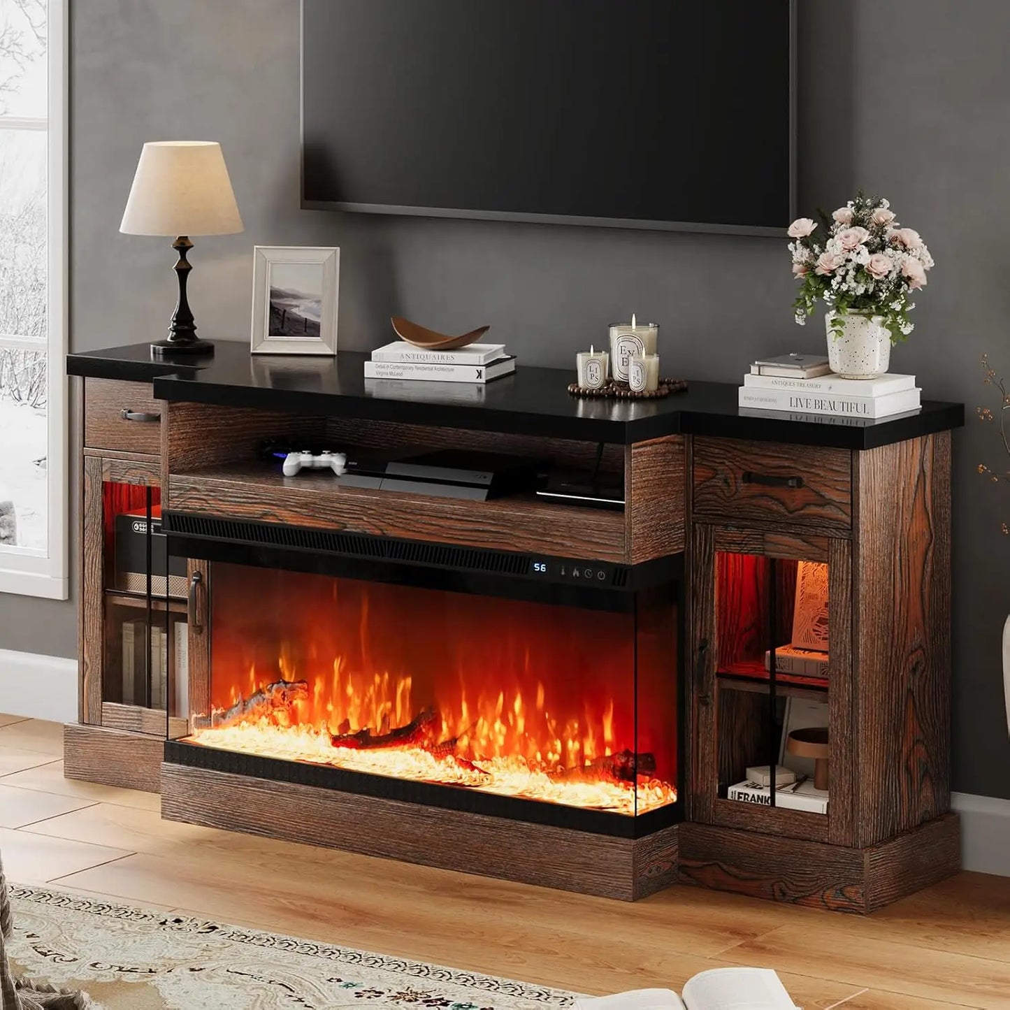 Fireplace TV Stand with 40" Electric Fireplace for 80" TV, 70" Entertainment Center with Adjustable Storage Cabinets