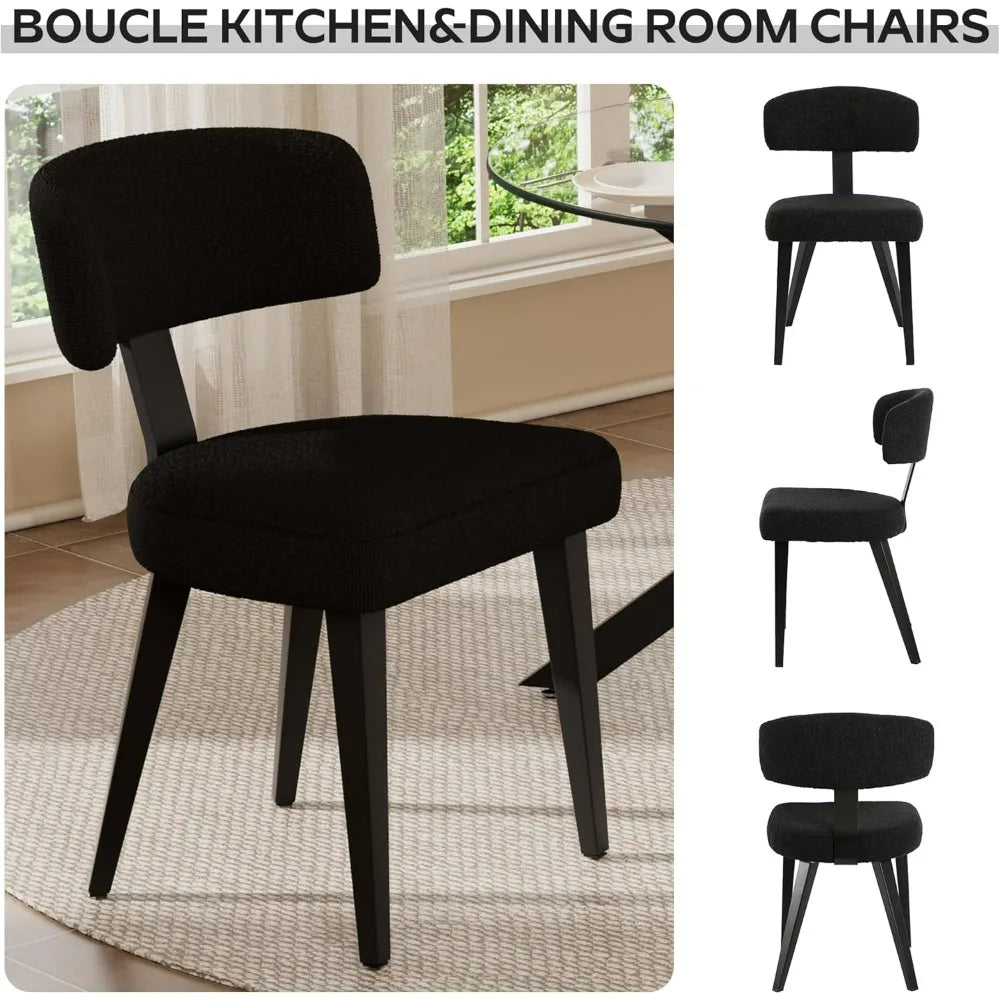 Dining Chairs Set of 4, Black Modern Upholstered Kitchen Dining Room Chairs, Boucle Dining Chairs Curved Backrest, Mid Century K