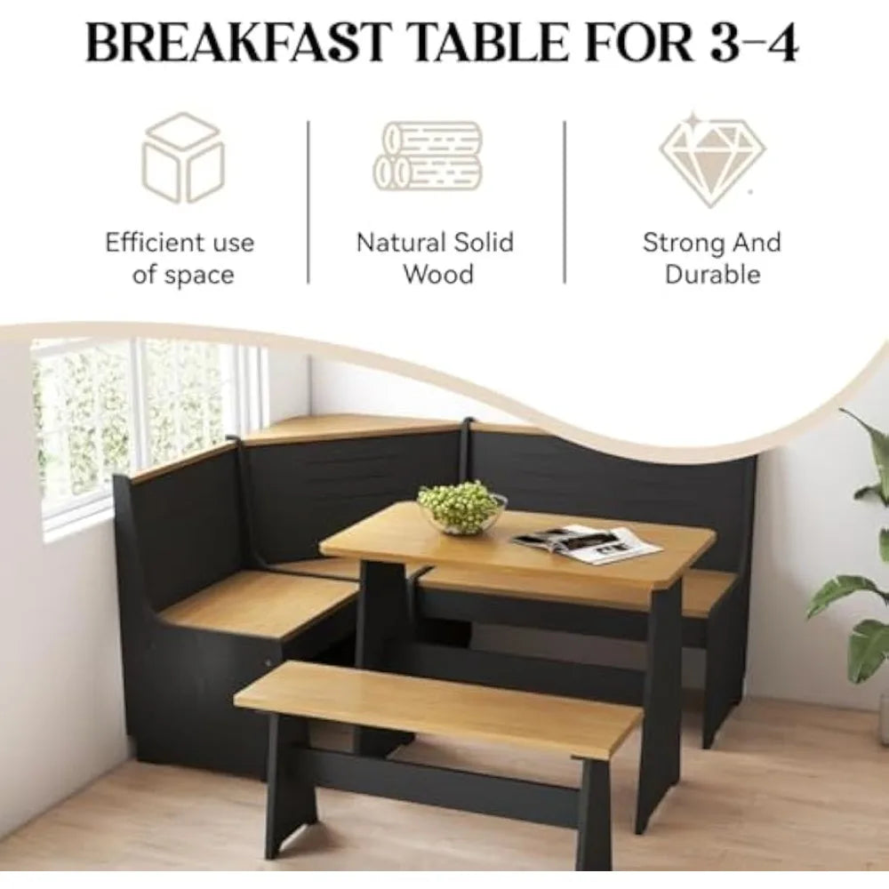 breakfast nook corner dining table kitchen bench chair set, space-saving 3-5 people seat reversible l-shape for family home blac