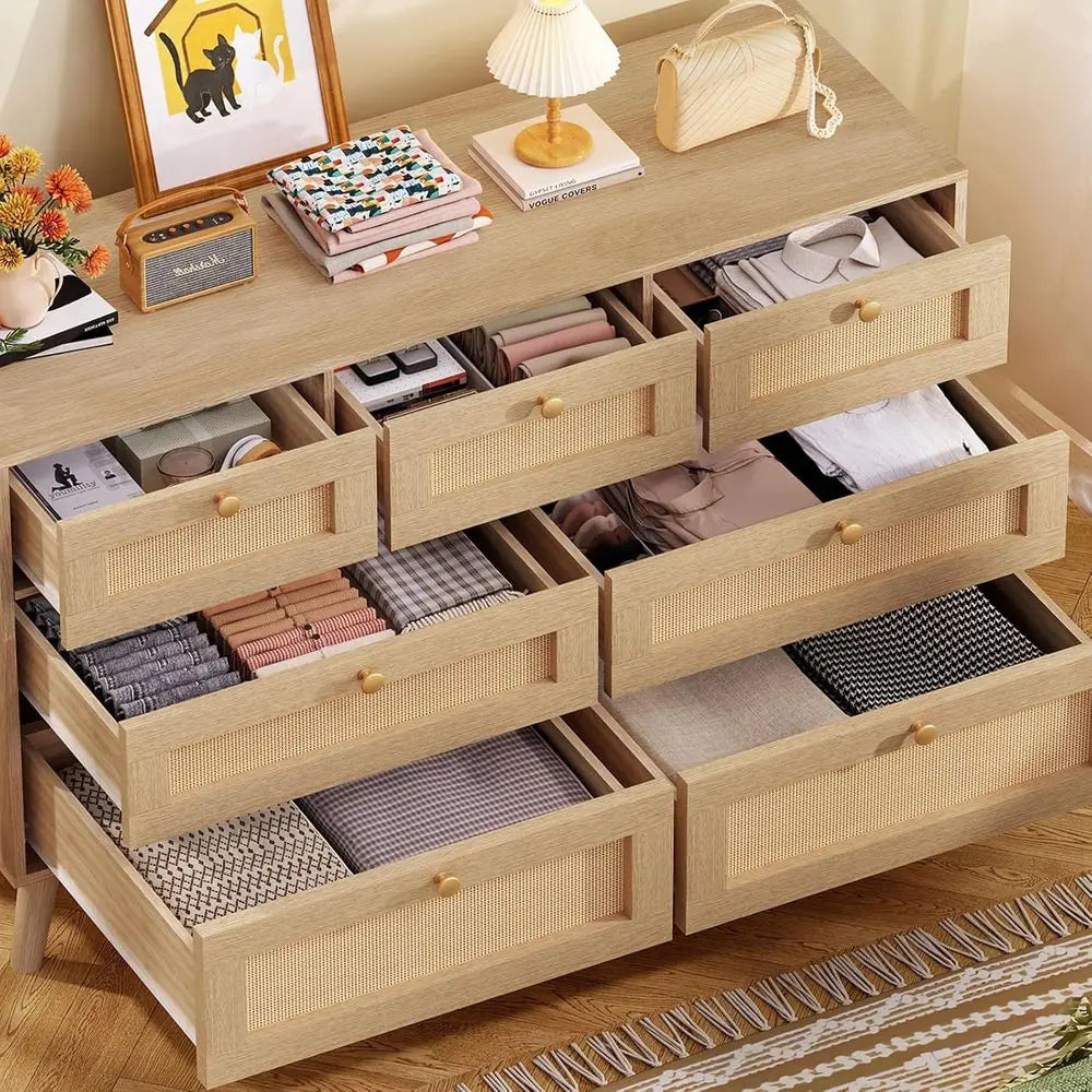 47.2''Wide 7 Der Rattan Drer, Wood Drers TV Stand, Boho Drers & Chests o Ders or Bedroom, Entryway, Natural