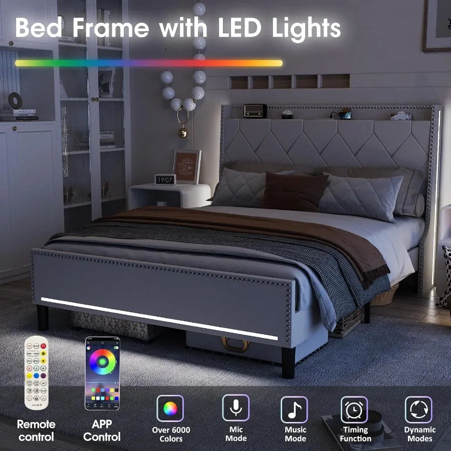 Queen Size Bed Frame with Integrated LED Lights Upholstered Headboard Builtin Charging Station Ample Storage Space Beneath the