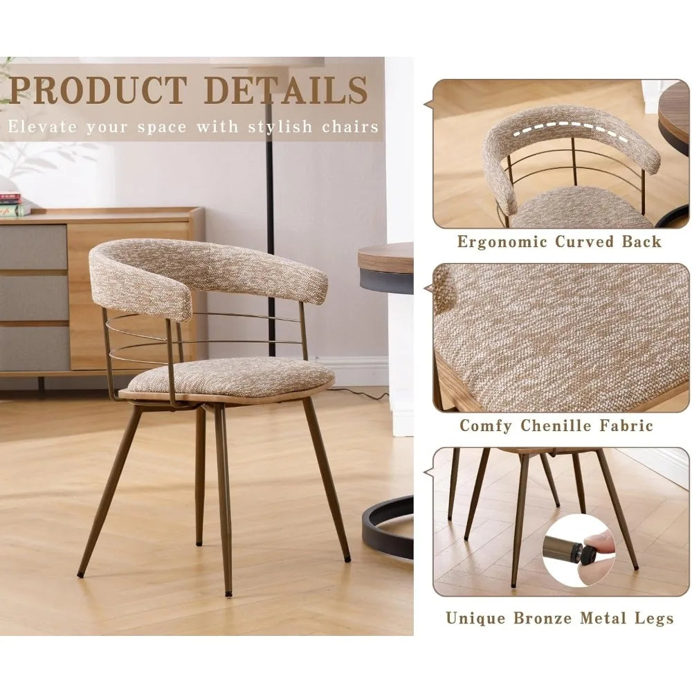 Khaki Dining Chairs Set of 4, Mid Century Modern Kitchen Chairs with Bronze Metal Legs/Curved Open Back, Chenille Fabric Side Ch