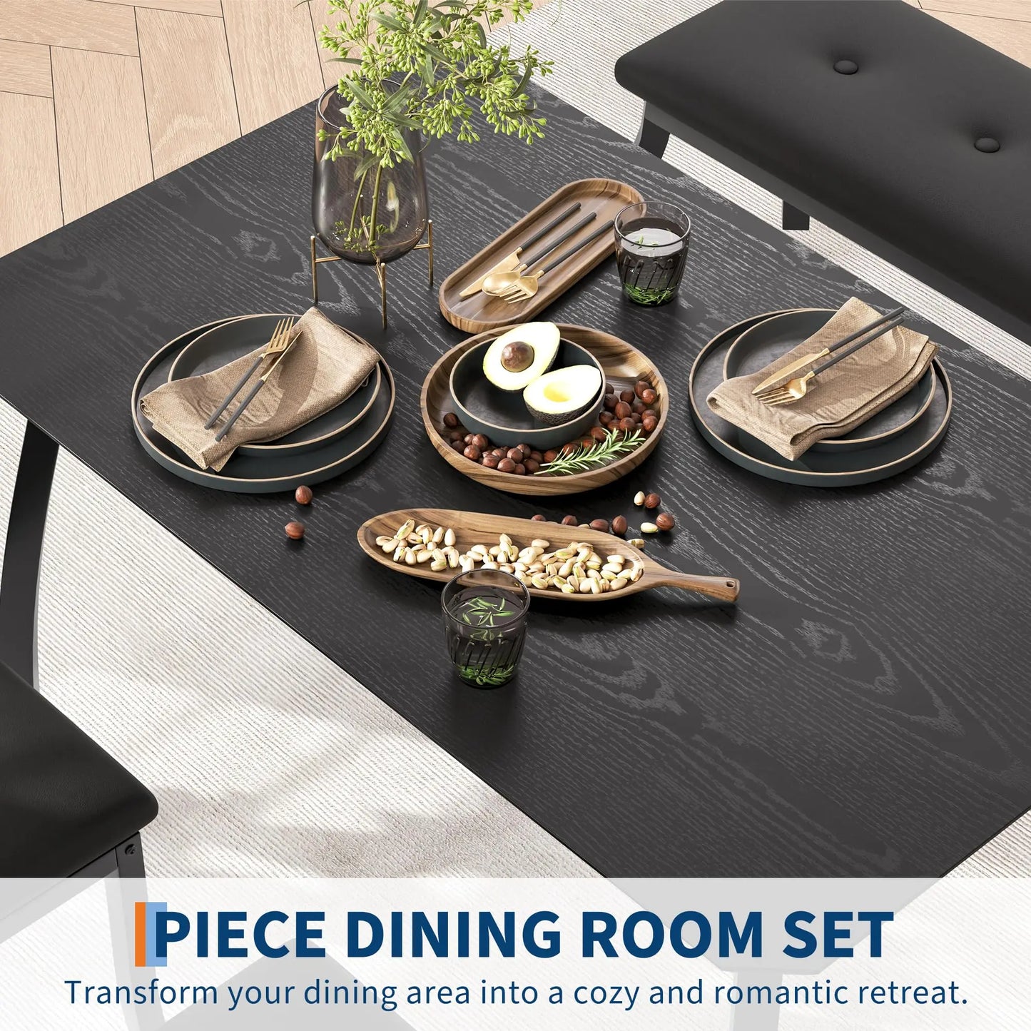 Dining Table Set for 4, Kitchen Table with Upholstered Bench and 2 Chairs, 4 Piece Dining Furniture Set for Small Space