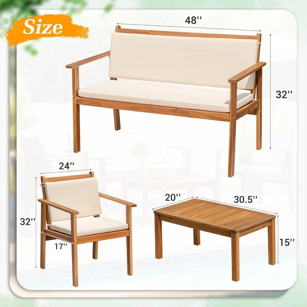 Outdoor Patio Furniture, 4 Piece Bistro Sofa Set with Coffee Table and Loveseat, Acacia Wood Conversation Sets with Cushions