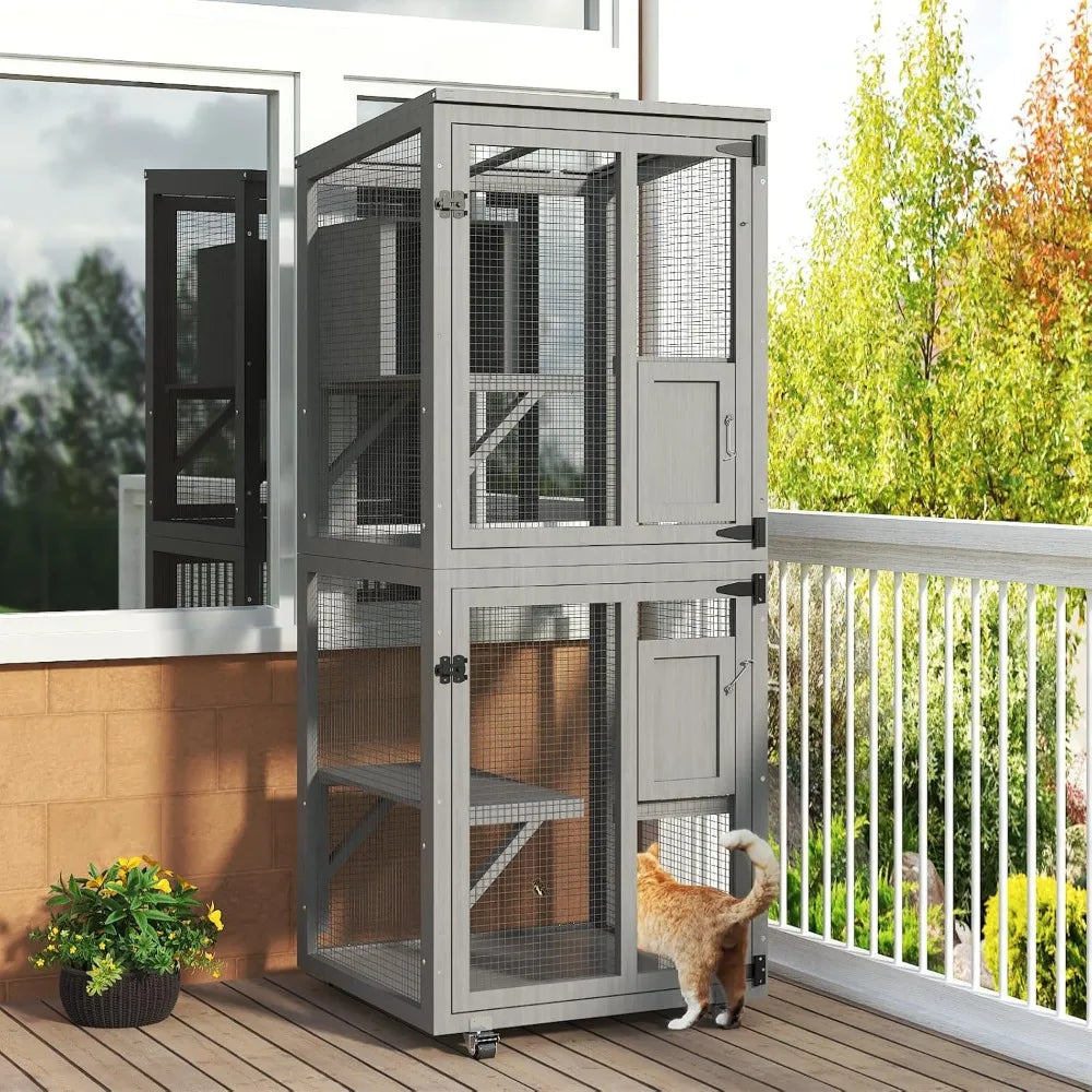 Large Outdoor Cat Enclosure, 4 Tiers Cat Catio with Wheels, Resting Box, Sunshine Panel Waterproof Roof