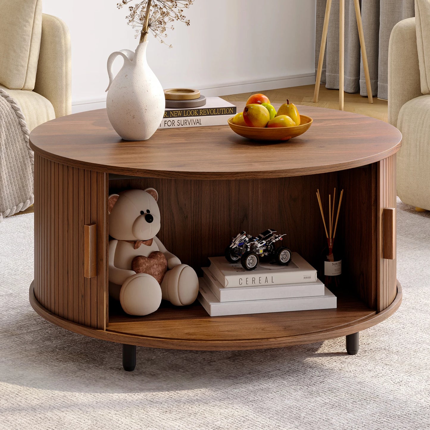 31.5" Modern Round Coffee Table with Storage with 360° Curved Sliding Door ,Fluted Wood Accent