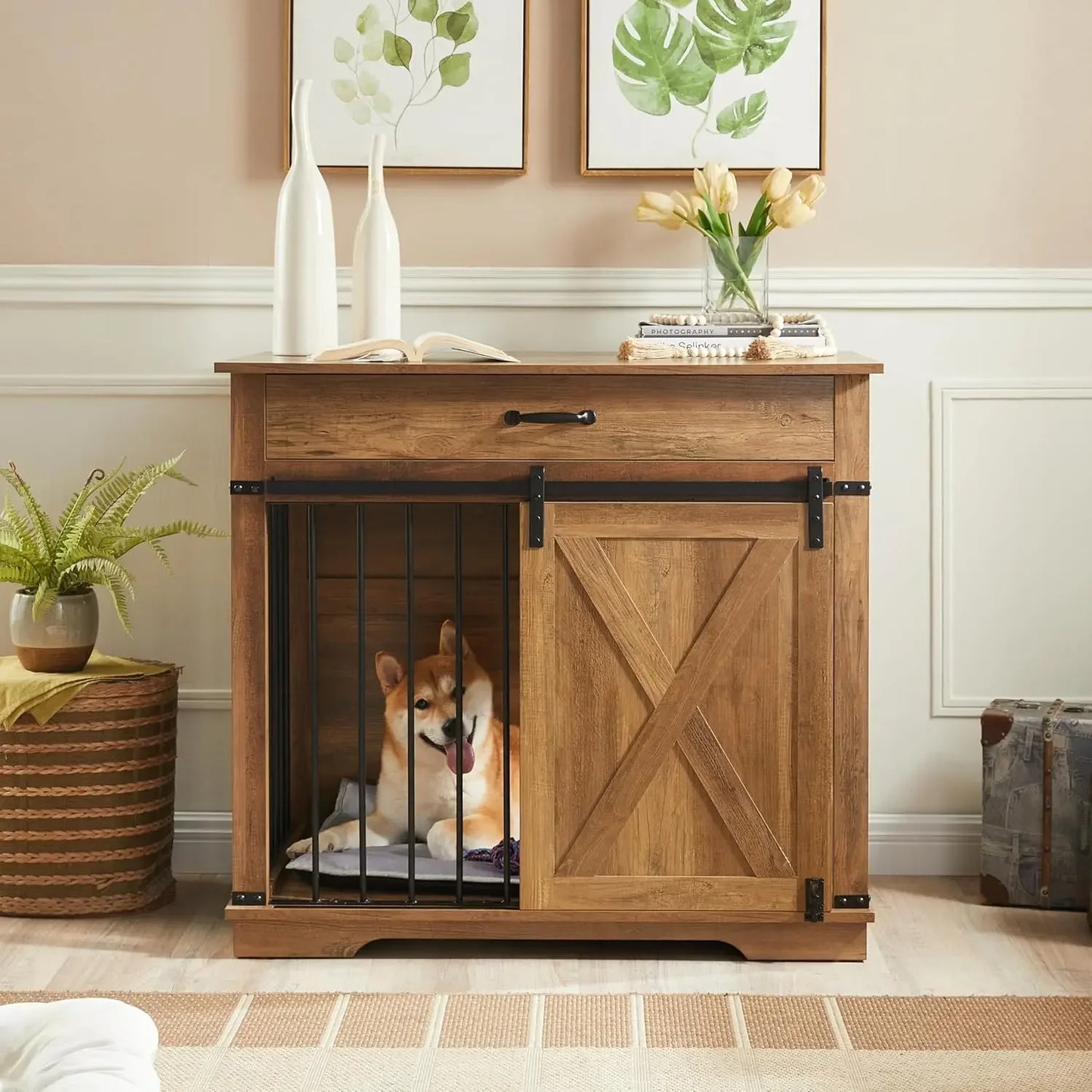 Water Resistant Dog Crate with Sliding Barn Door