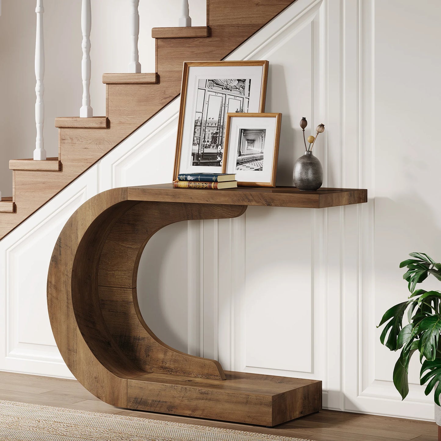 43.3" Mid-Century Modern Console Table for Entryway, Wood C-Shaped Hallway Entry Accent Table for Living Room