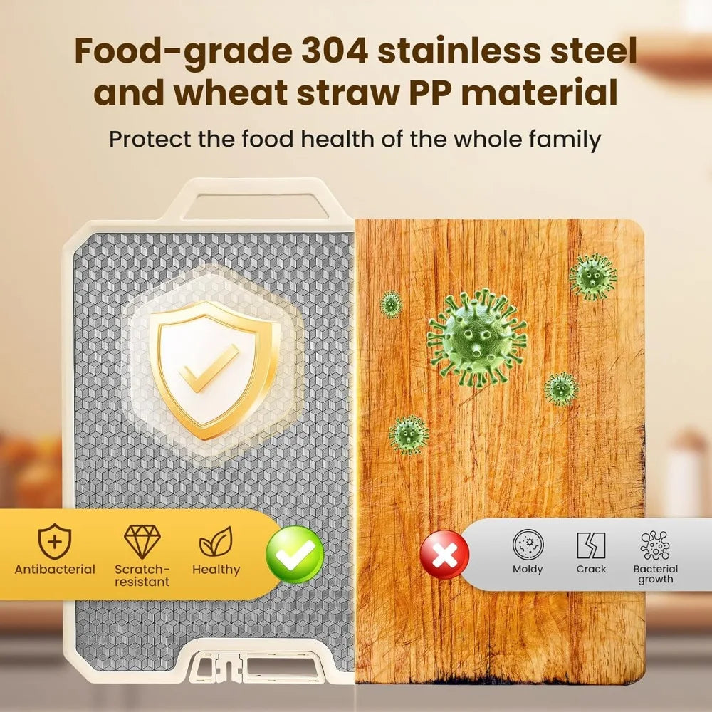 Stainless Steel Cutting Boards for Kitchen,Double Side Food Grade Chopping Board,Stainless Steel and Wheat Straw PP,Dishwasher S
