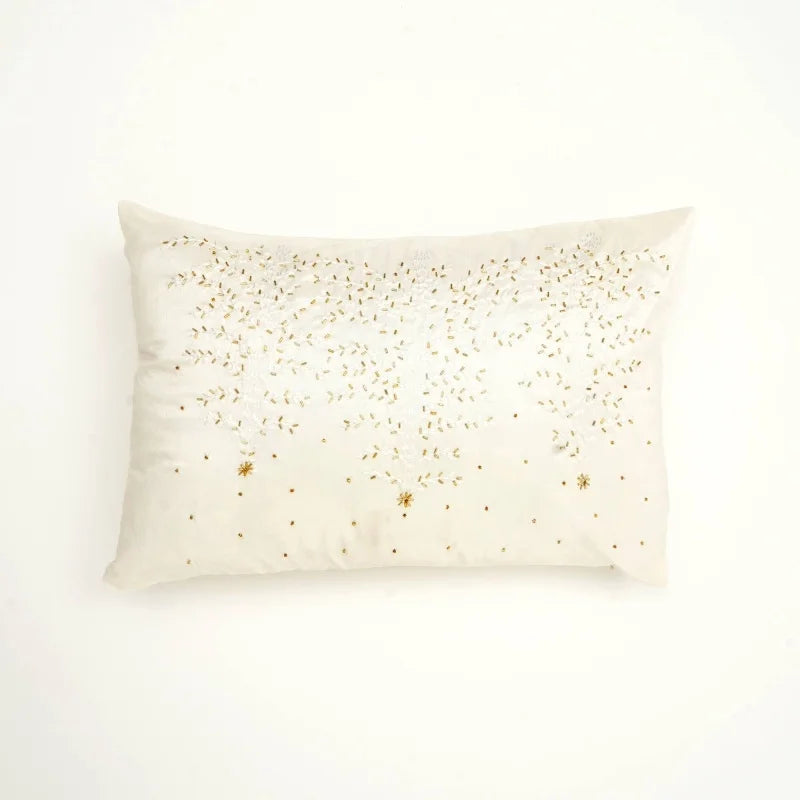 100% Polyester Ivory Lumber Pillow with Embroidery & Bead Work – Soft & Stylish Accent-24X16