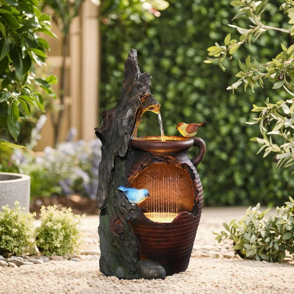 LuxenHome 30 Inch Tall Outdoor Water Fountain, Rustic Pot and Tree Trunk Cascading Waterfall Fountain Outdoor and Indoor with LE