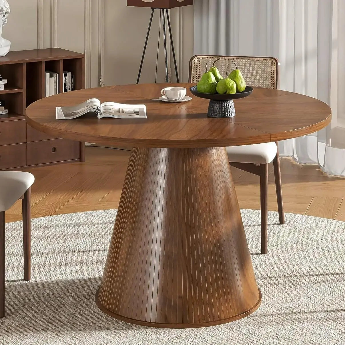 Round Dining Table for 4, Farmhouse Fluted Dining Kitchen Table, 47 Inch Modern Wood Small Circle Dining Table