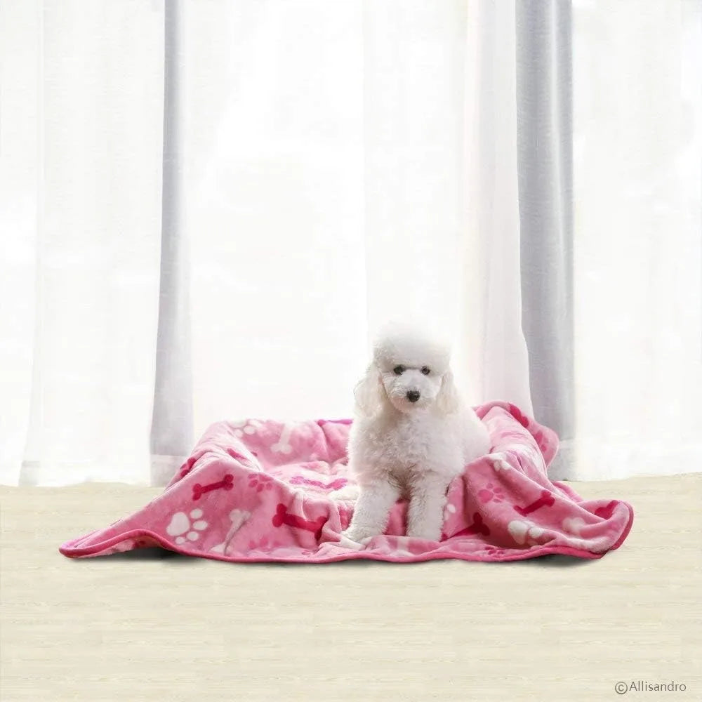 Luxurious Dog Blanket, 350 GSM Super Fuzzy Microplush Fleece Pet Blankets for Small Medium Large Dogs and Cats, Pink Paw and Bo