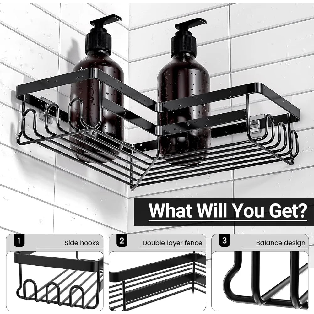 Corner Shower Caddy Shelf Organizer, 2 Pack Adhesive Black Bathroom Accessories
