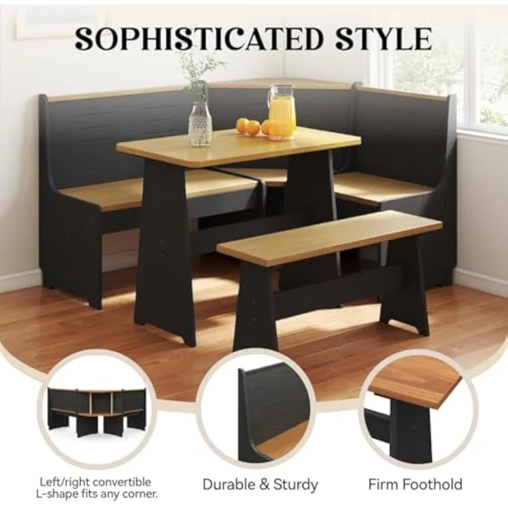 breakfast nook corner dining table kitchen bench chair set, space-saving 3-5 people seat reversible l-shape for family home blac