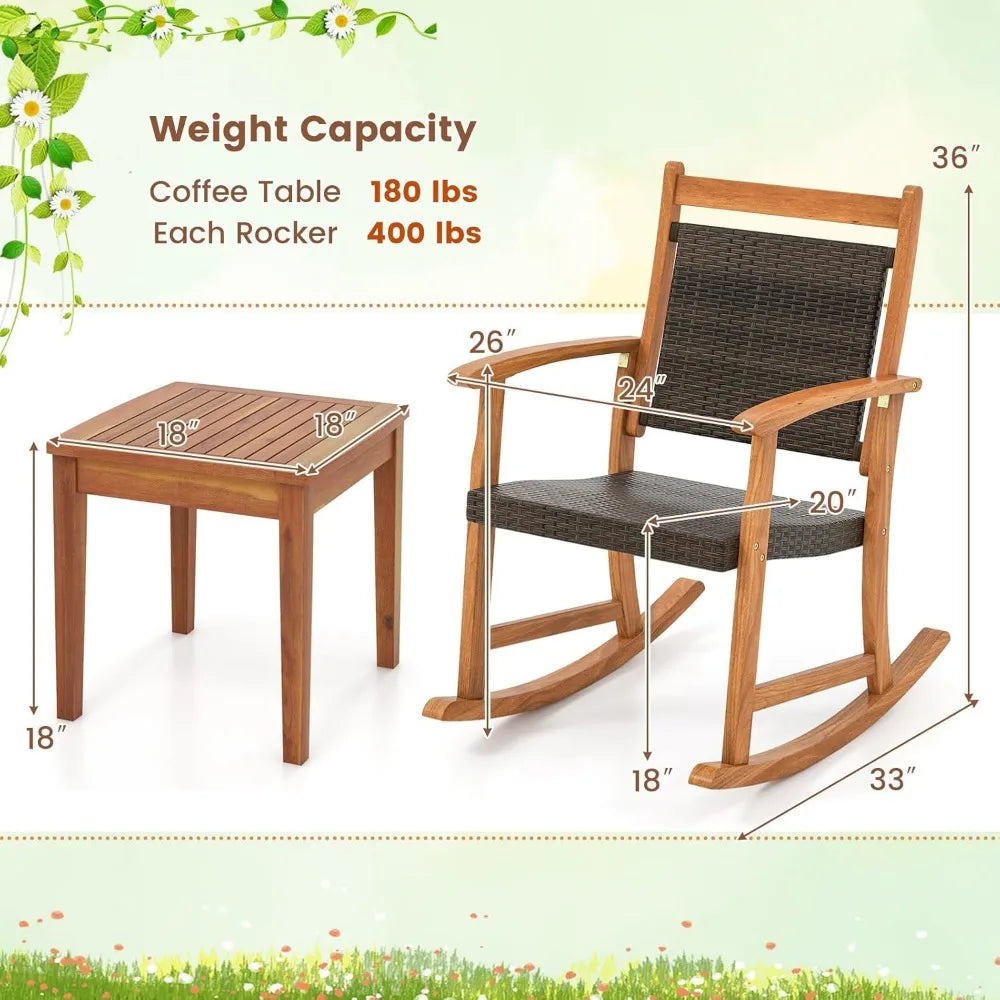 Patio Rocking Chair Set ,3 pieces Patiojoy Acacia Wood Rocker with Side Table, Outdoor Chairs with Wicker Rattan Seat & Backres