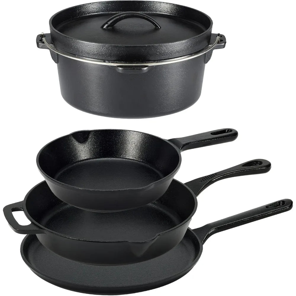 cast iron Pre-Seasoned Cast Iron 5 Pieces Kitchen Pots and Pans Cookware Set, Black, 14.17 x 12.2 x 10.63 in