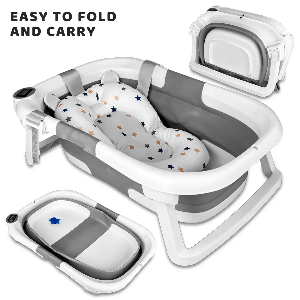 Baby BathTub with Bath Cushion, Portable and foldable, real-time temperature sensor, with a drainage hole