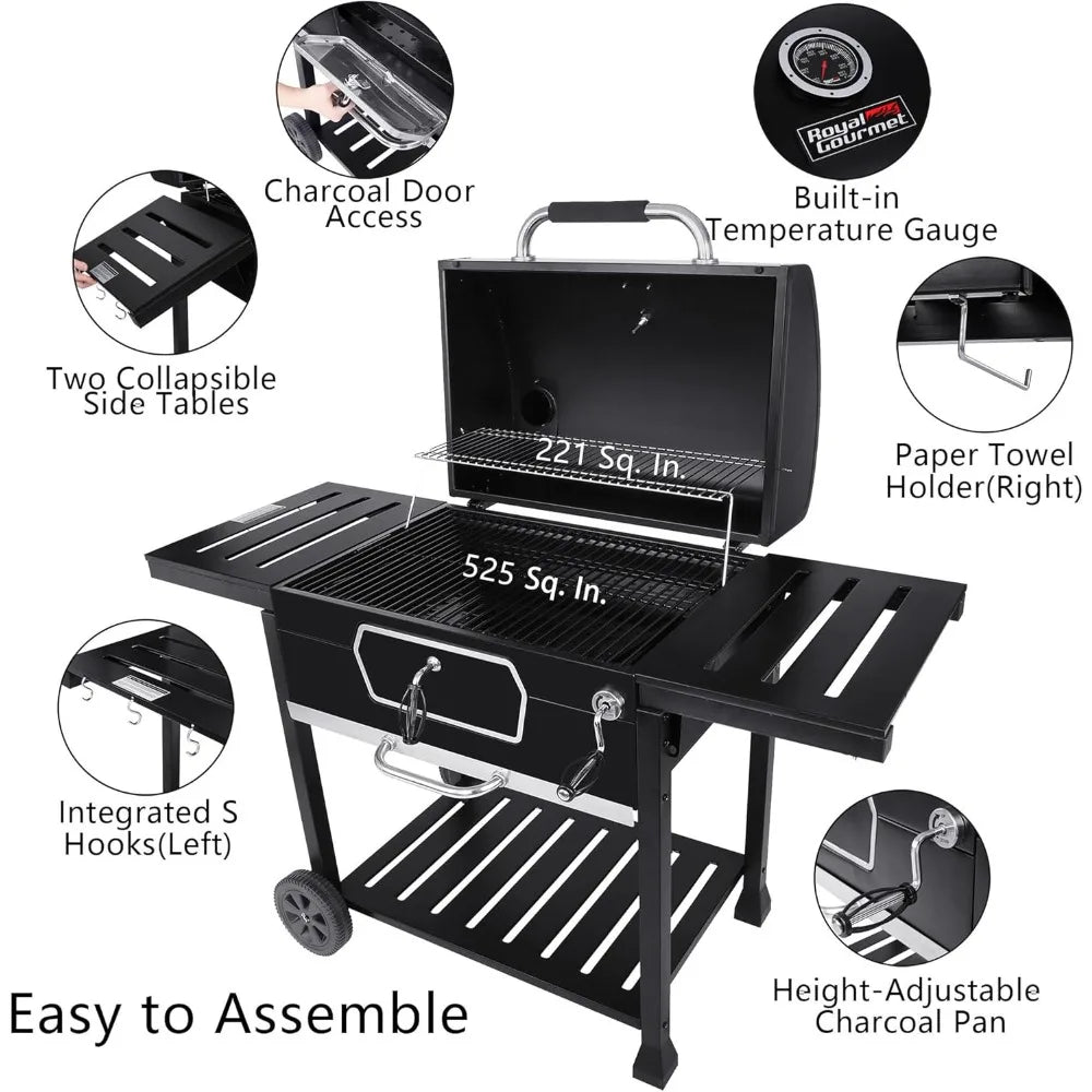 30-Inch Charcoal Grill, Deluxe BBQ Smoker Picnic Camping Patio Backyard Cooking, Black, Large