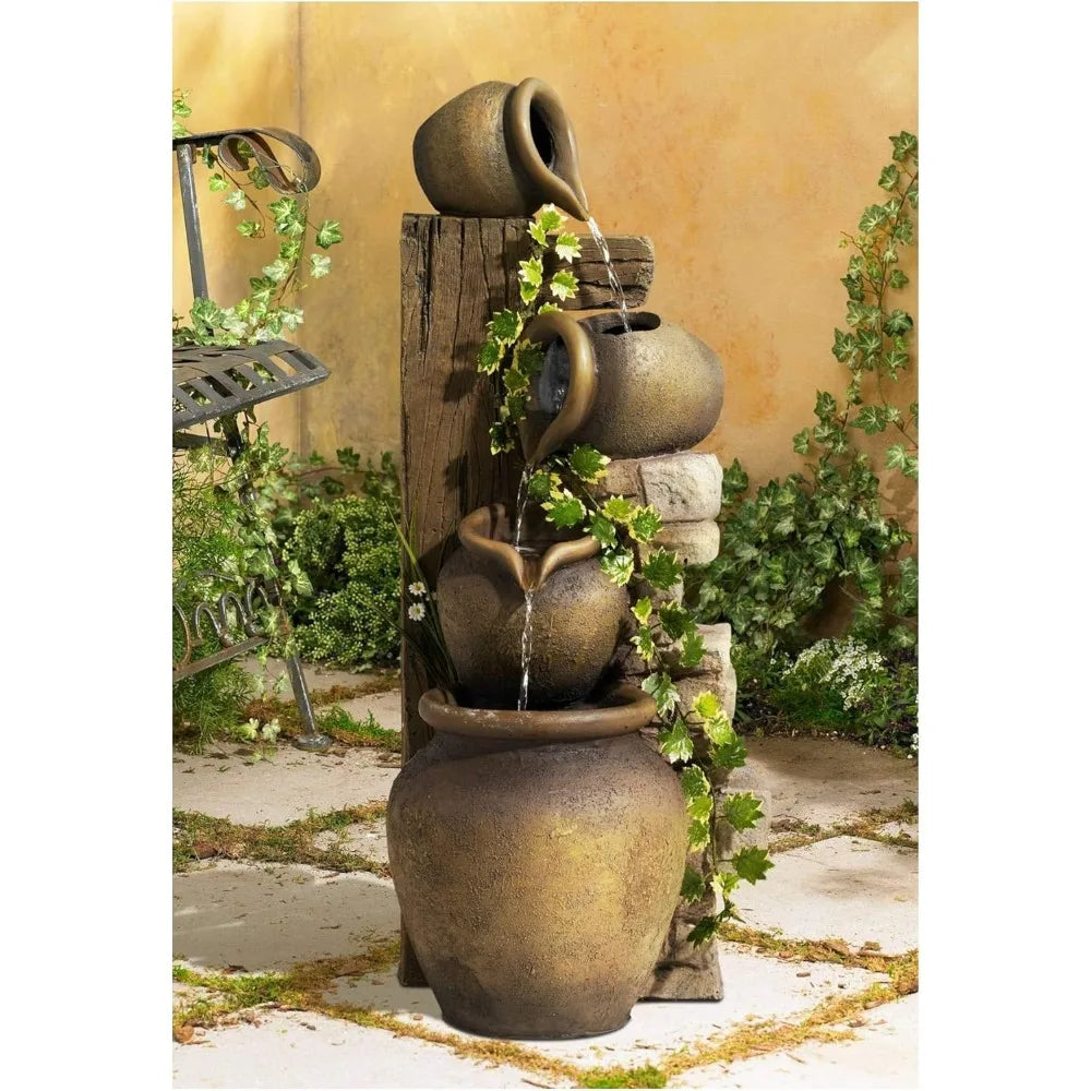 Four Jugs 33" High Large Rustic Indoor Outdoor Decor Faux Stone Floor Fountain Waterfall Cascading Standing Tiered Pot Water Fea