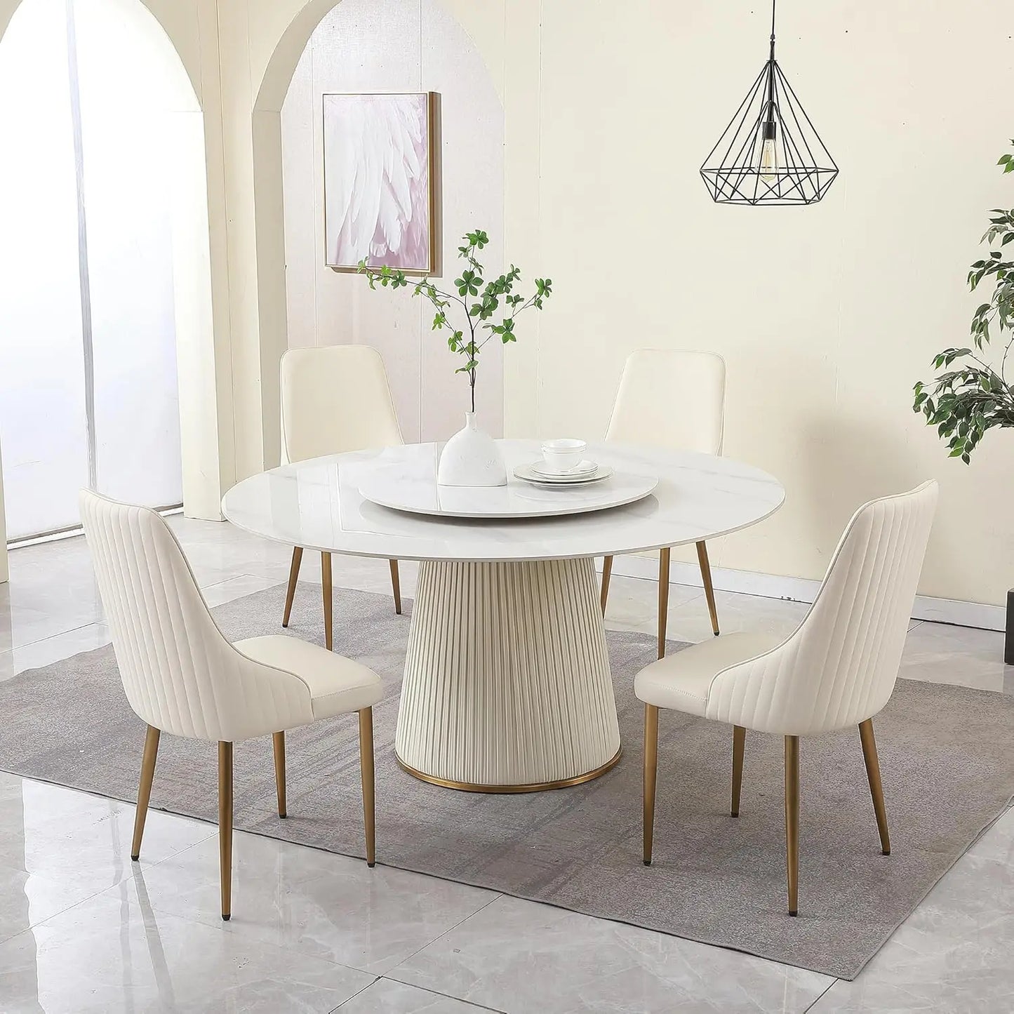 Round Dining Table Set with Removable Lazy Susan, Luxury 59" D Marble Dining Table Set of 8, Modern Sintered Stone Dining Table