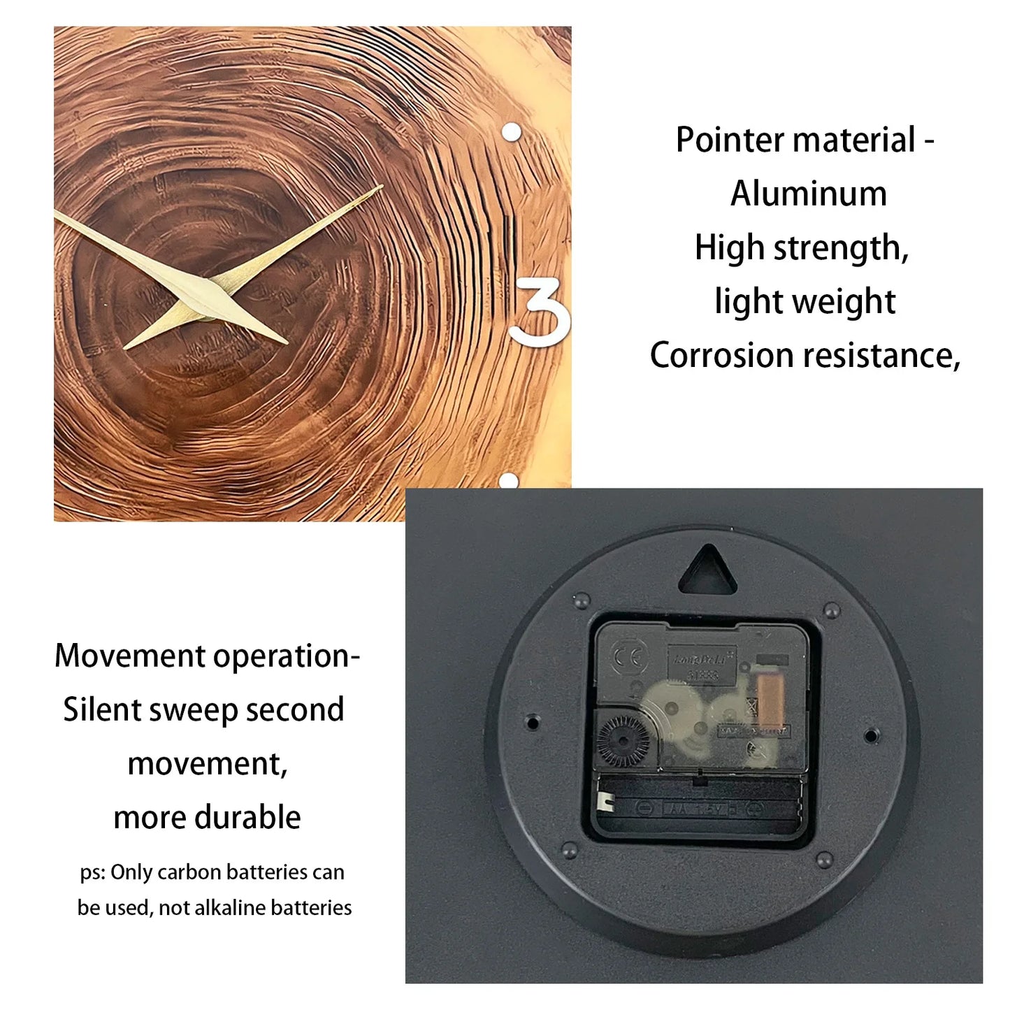 1pc wooden ring veneer wall clock, flat wood cross section texture pattern solid wood pointer design wall clock, silent clock