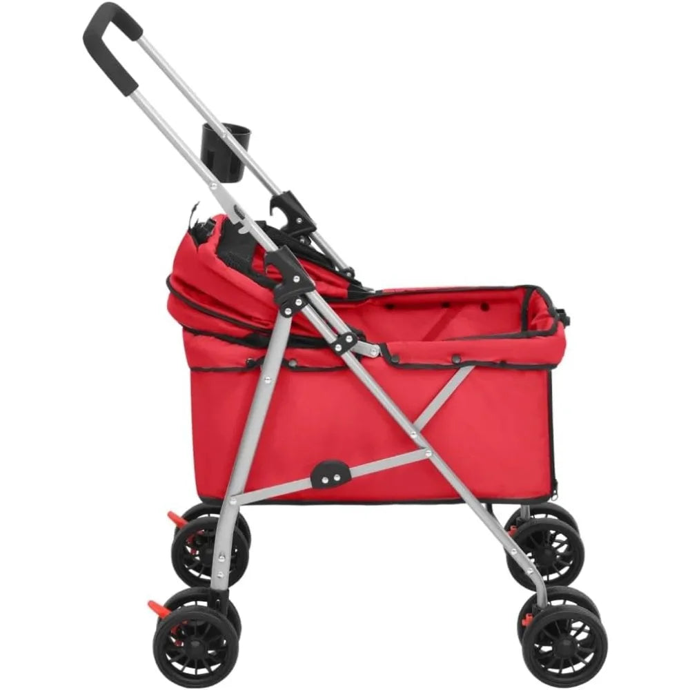 Folding Dog Stroller For Small To Medium Pets Red With UV Protection And Breathable Oxford Fabric