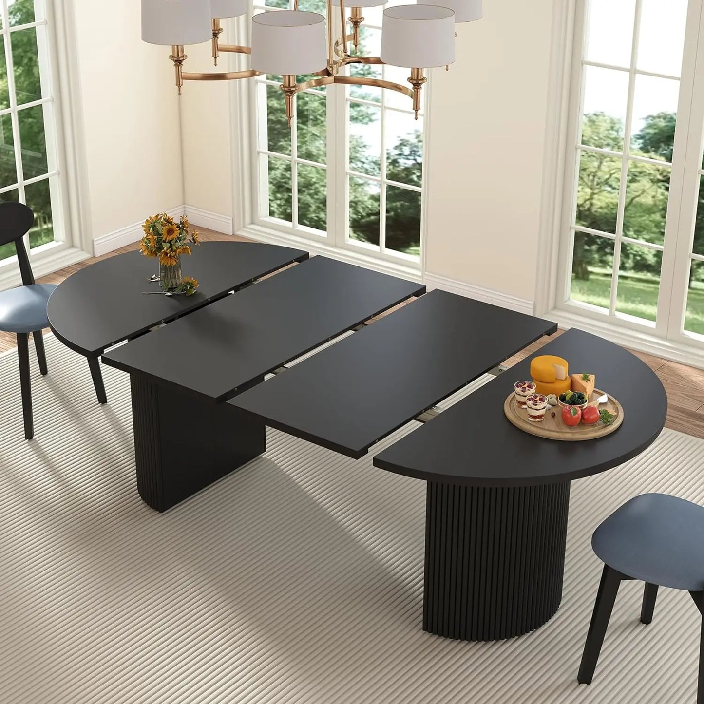 41 in-78 in Extendable Dining Room Table for 4-8,Round Expandable Table with Fluted Base, Modern Oval Dinner (Black)
