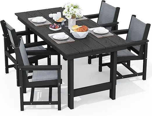 7 Piece Outdoor Dining Table Sets for 6 with 1 Umbrella Hole Cut-Out Rectangular Table and 6 Textilene Chairs, HDPE Dining Tabl