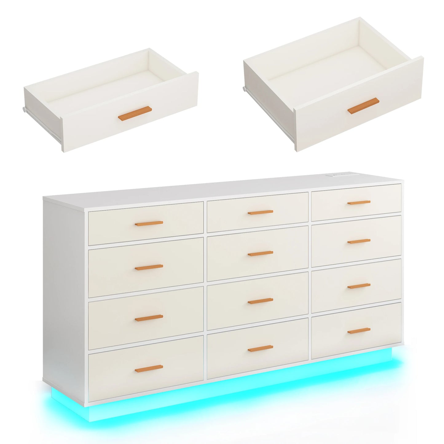 12 Drawer 63" Modern Dresser for Bedroom with Power Outlets & LED Light
