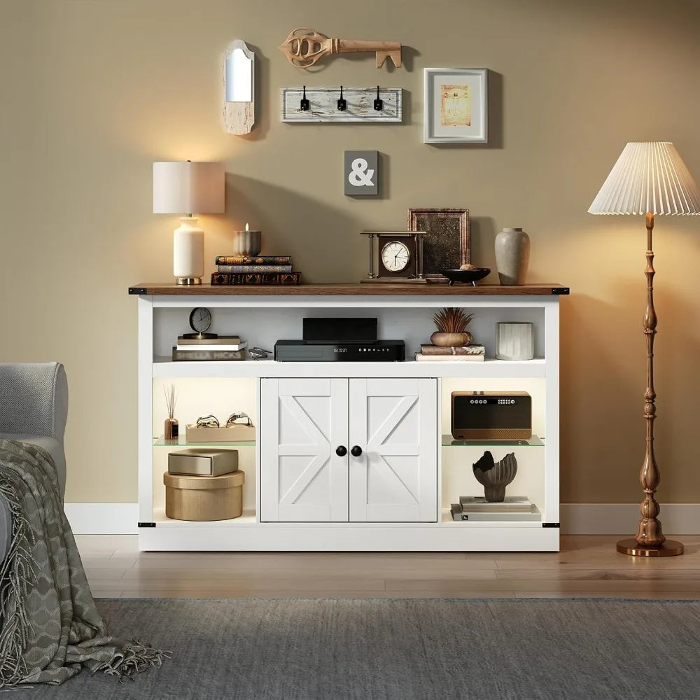 Farmhouse TV Stand for 55 Inch, Entertainment Center with Sensor LED Light, Media TV Console Table with Storage Cabinet and Glas