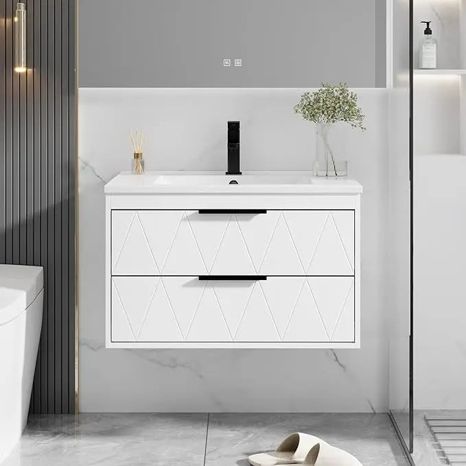 30" Bathroom Vanities Cabinet with Sink Combo, Wall Mounted Floating Cabinet W/Decor Line, Soft-Close System, 2 Extra Big Drawer