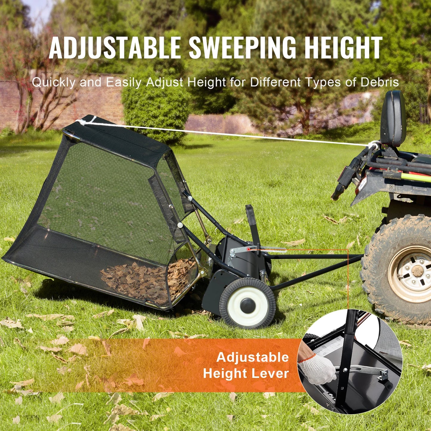 42-inch Lawn Sweeper Tow Behind 12 cu.ft.Heavy Duty Leaf Grass Collector Adjustable Height for Picking Up Debris Grass