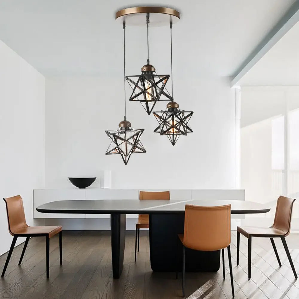 3-Light Moravian Star Pendant Chandelier Clear Glass Shade Adjustable Height 80cm Cord for Kitchen Island Living Room
