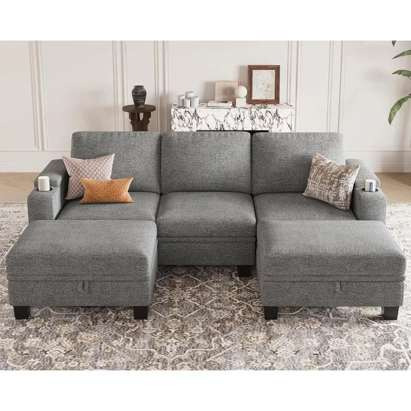 Small Modular Sectional Couches U Shaped Couch with Cup Holder Light Grey Couch