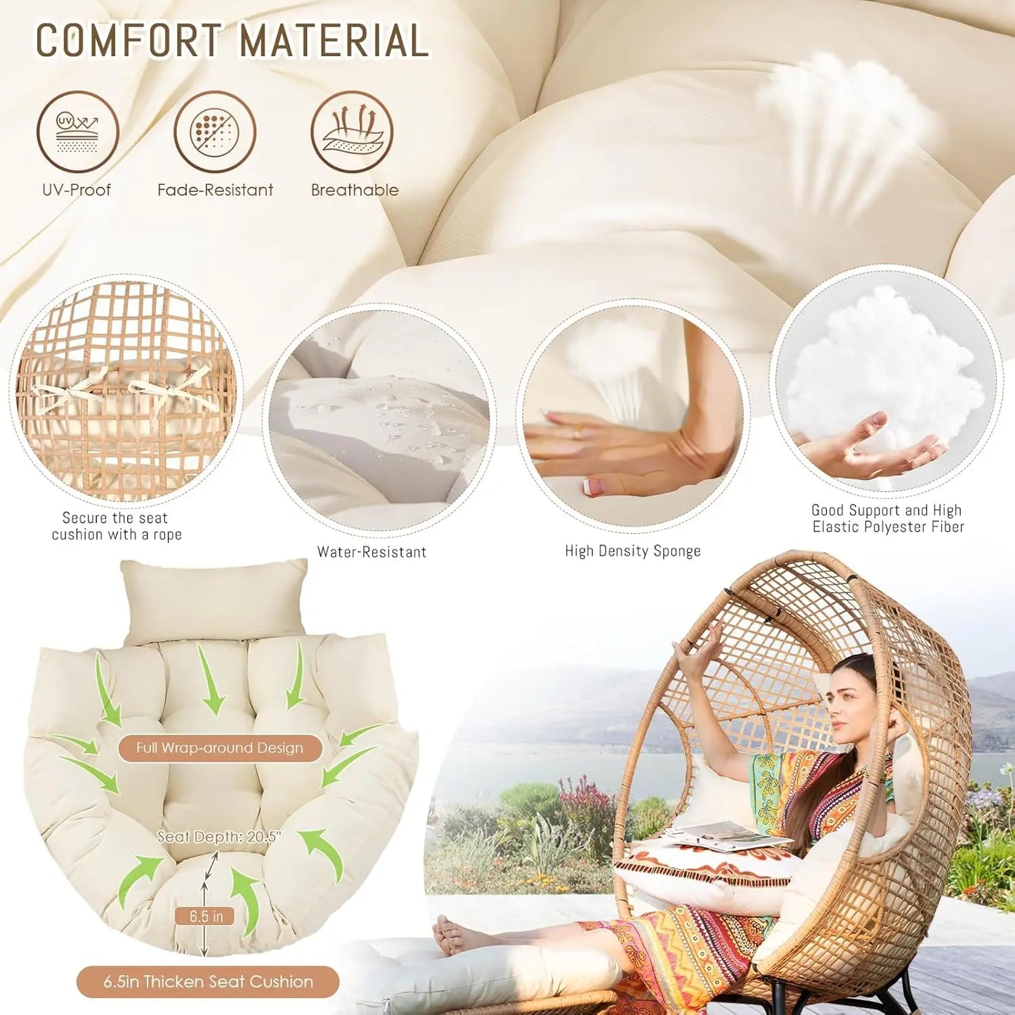 Wicker Patio Lounger with Ottoman, Oversized Rattan Egg Shaped Chair