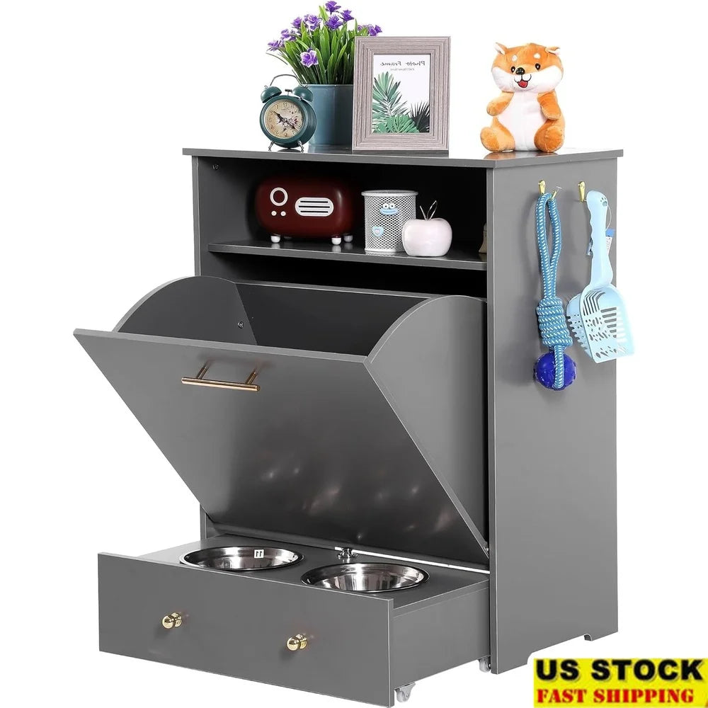 Pet Feeder Station Storage Cabinet with Removable Bowls Hanger Dog Supplies Durable MDF Design Easy Assembly