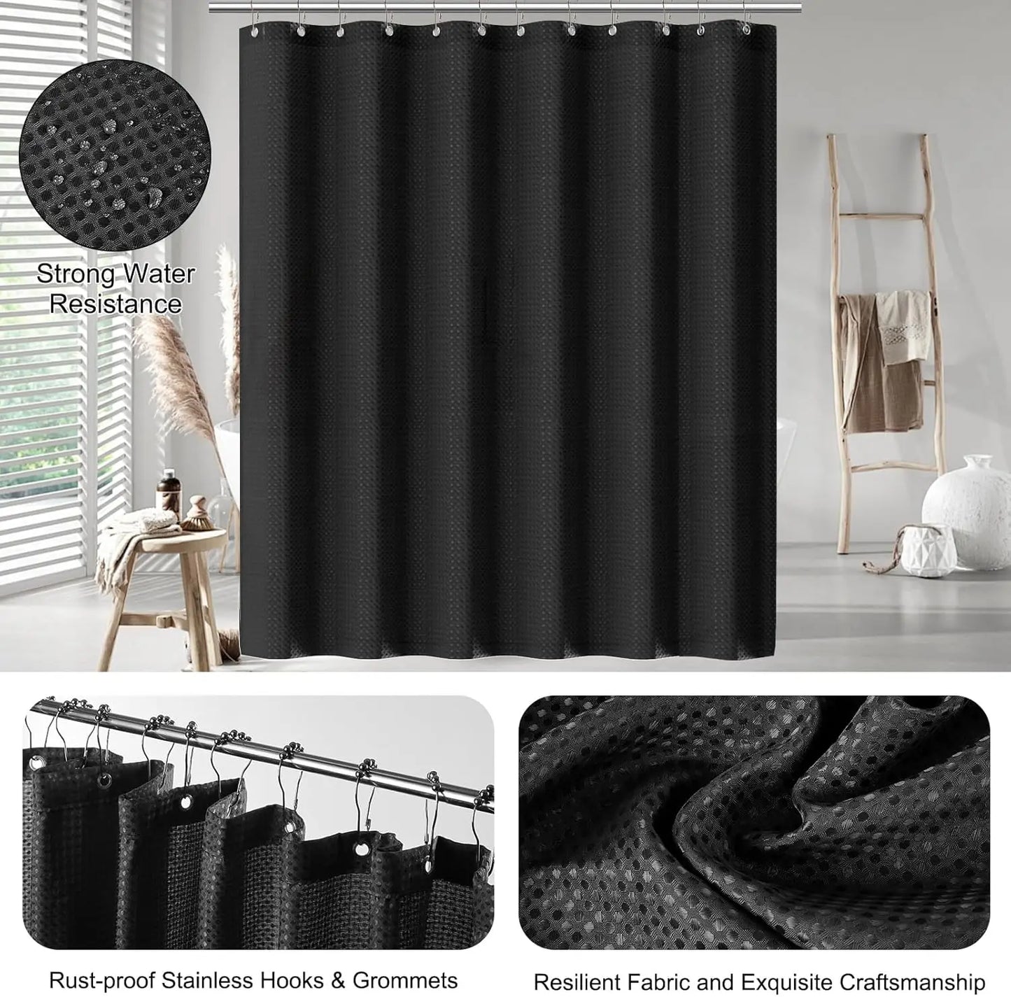 24PCS Black Bathroom Set. Shower Curtain, Rugs, Trash Can, Brush Holder, Soap Dispenser. Stylish & Functional.