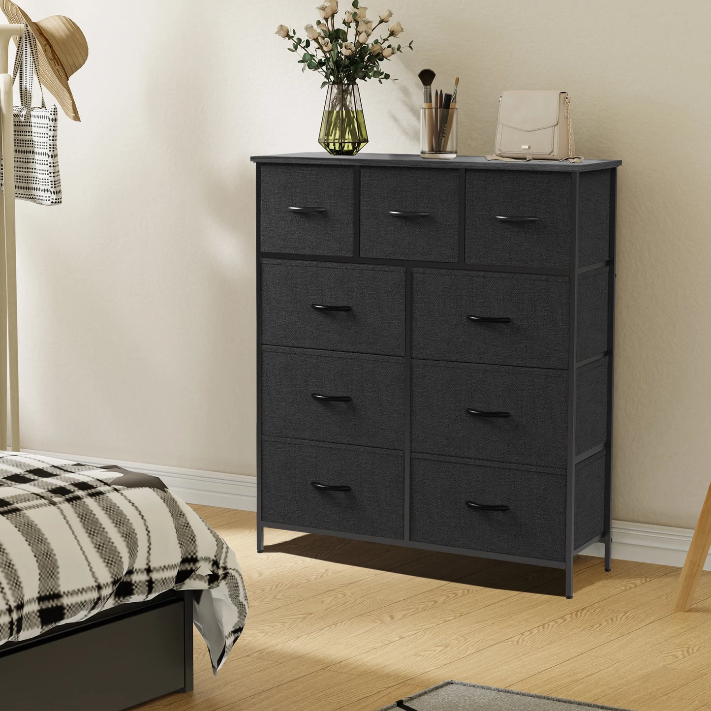 Dresser For Bedroom With 9 Fabric Storage Drawer Wardrobe Tall Chest Organizer Closet Adult Kids Clothes Cabinet Furniture