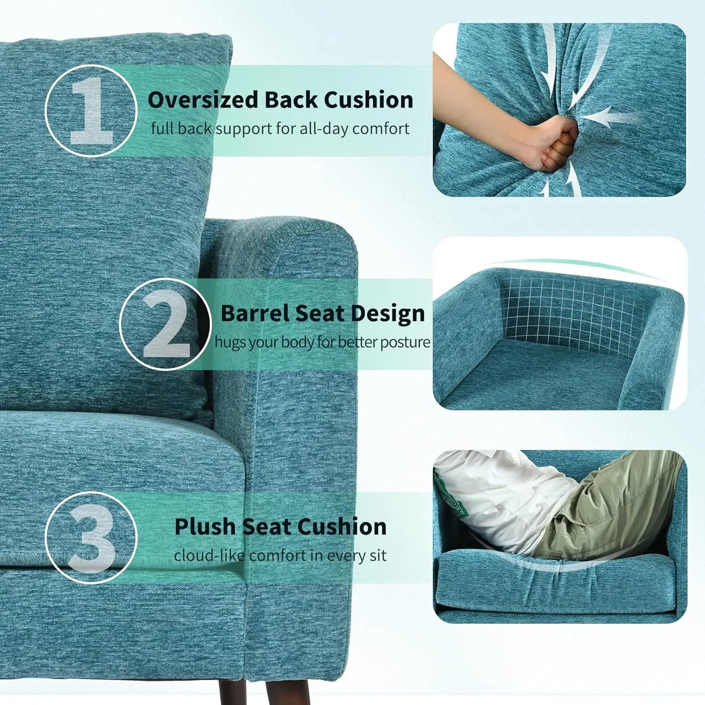 Accent Chair Set of 2 for Living Room, Modern Upholstered Chenille Barrel Arm Chair, Large Pillow, Solid Wood Legs