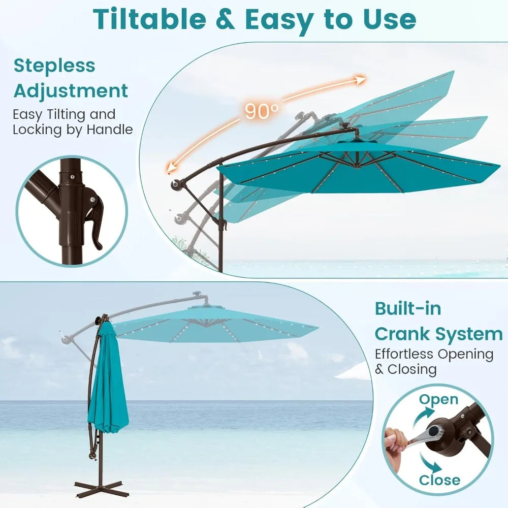 10 Foot Cantilever Patio Umbrella with Solar LED Lights, Tilt and Crank Operation, and Included Base