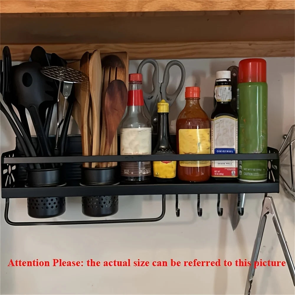 Wall-mounted Spice Storage Rack With Hooks, Hanging Tableware & Utensils Holder, Space Saving Storage