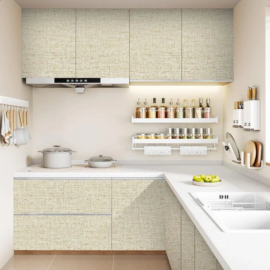 Wallpaper, Beige Grass cloth Waterproof Peel and Stick 15.75inchx118.11inch Self Adhesive Removable Wallpaper