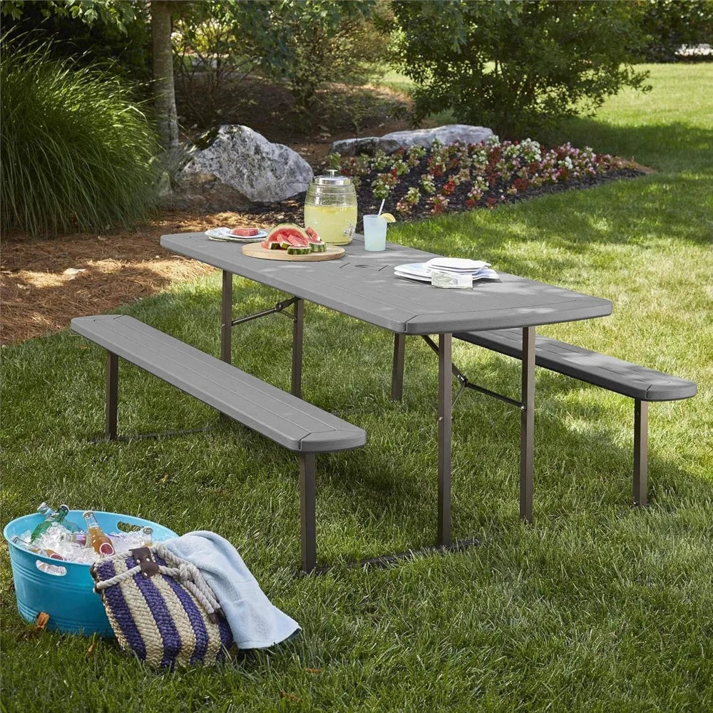 Outdoor 6 ft. Folding Picnic Table, Dark Gray Wood Grain Resin with Gray Steel Legs