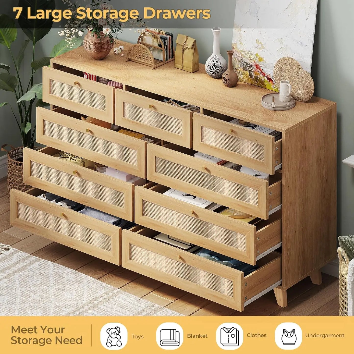 9 Drawer Modern Wooden/ Rattan Dresser for Bedroom