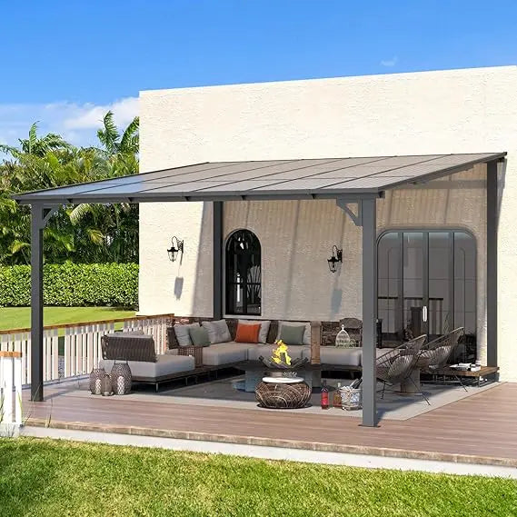 12' x 12' Gazebo Outdoor Pergola for Patio, Large Wall-Mounted Hard Top Lean to Metal Gazebo Shelter Pergolas