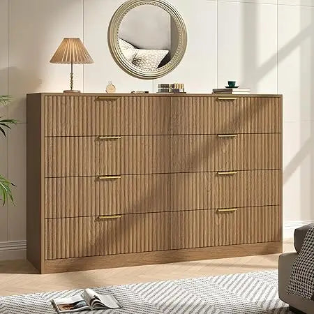 Fluted Dresser for Bedroom with 8 Drawer, 55” Wide White Double Drawer Dresser Modern Chest of Drawers with Metal Handle
