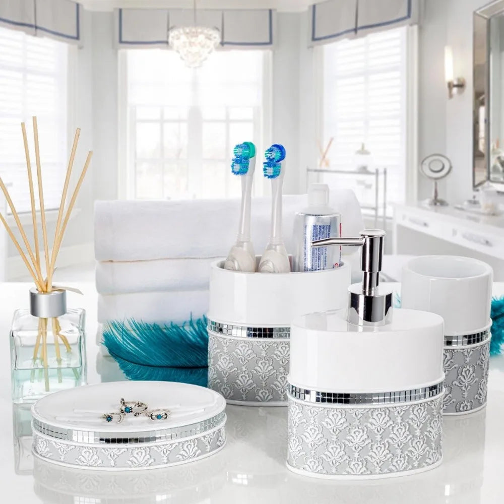 6 Piece Mirror Damask White and Gray Bathroom Accessories Set