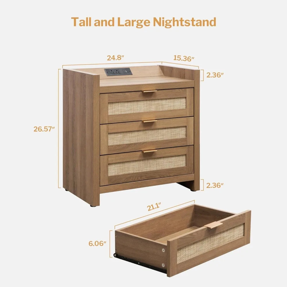 Set of 2 Rattan Night Stands with Type-C Charging Station