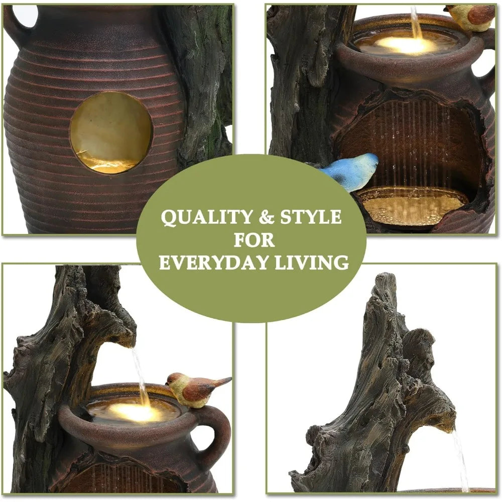 LuxenHome 30 Inch Tall Outdoor Water Fountain, Rustic Pot and Tree Trunk Cascading Waterfall Fountain Outdoor and Indoor with LE